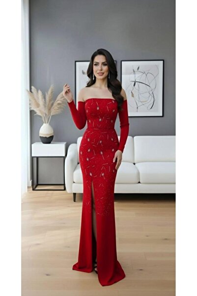 Modafeminen Strapless Tas Design Slit Fish Evening Dress 583339 Red