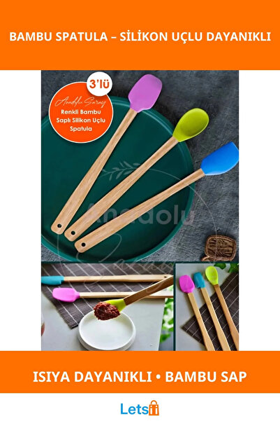 Letsii مجموعة ملاعق من الخيزران المقاومة للحرارة مع رؤوس سيليكون، 3 قطع