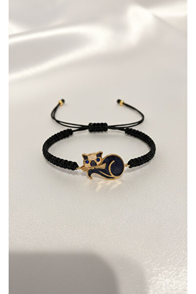 SR Jewelry Box Siyah Kedi Figürlü Makrome Bileklik – Mine Kaplama Altın Detaylı El Yapımı Model