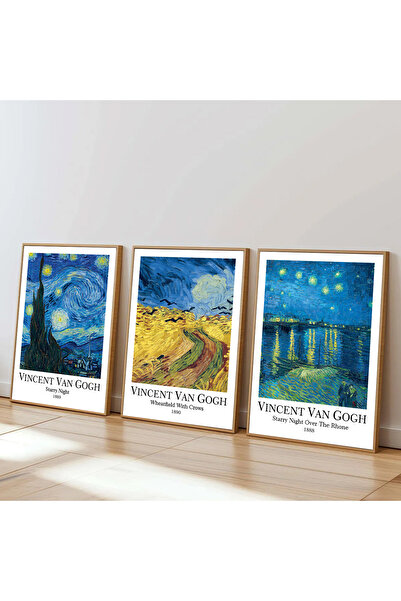 Dekorsiahome 3 Parça Ahşap Çerçeveli Oturma Odası Salon Mutfak Van Gogh Tablo...