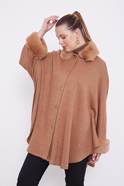 Levidor Camel Ürk Detailed Cashmere Poncho