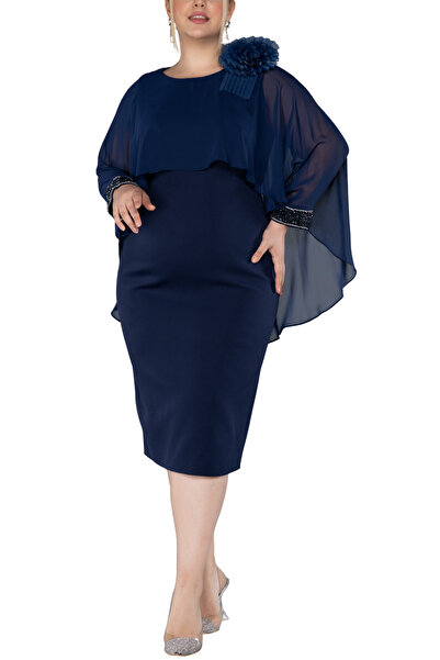 Arden Plus Size Short Evening Dress, Chiffon Cape Sleeve, Black, White Midi Mother Evening Dress, Invitations, Wedding, 44-50