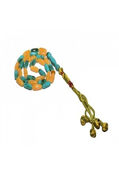 Eagal Amber Cylindrical Marbled Yellow-Turquoise Prayer Beads (Amber Stone)