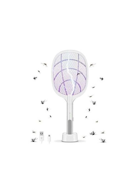 DLC مضرب ذباب كهربائي محمول مع مصباح لقتل البعوض، قابل لإعادة الشحن عبر USB