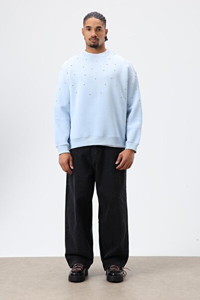 VAMOSCLO سويت شيرت قصة فضفاضة بتفاصيل حجرية قابلة للغسل باللون الأزرق الفاتح