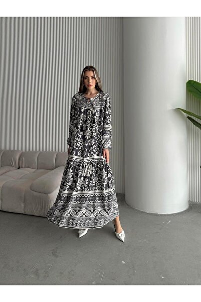 SEDA FİDAN BOUTIQUE فستان فيسكوز منقوش فضفاض برباط على الياقة، لون أنثراسيت