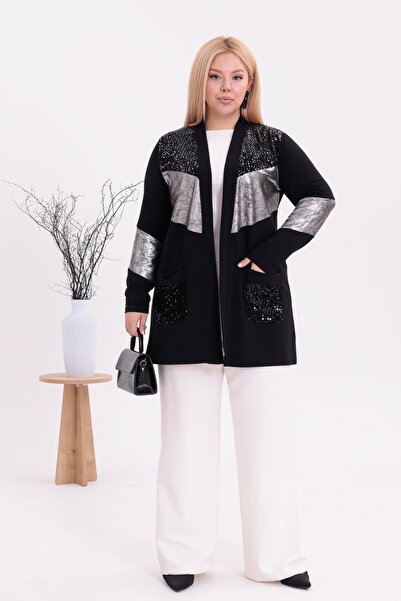 Siyezen Plus Size Silver Detailed Sequin Cardigan