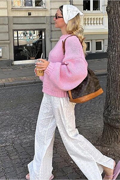 Madmext Pink Balloon Sleeve Relaxed Fit Women's Knitwear Sweater Mg2602