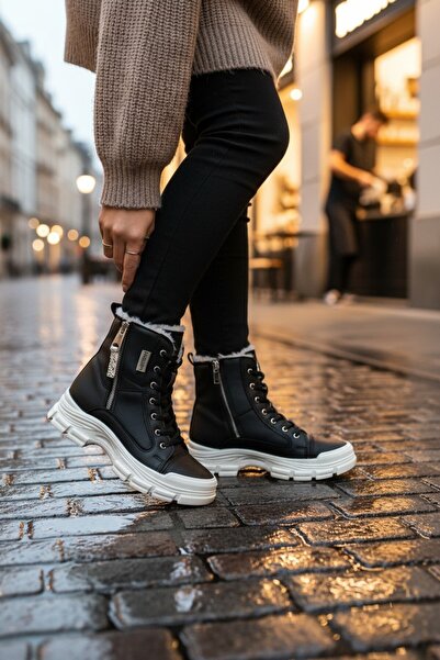 VeliKundura Conpax 5428 Black & Beige Women's Zippered & Lace-Up Boots