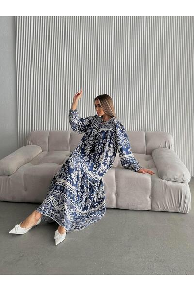 SEDA FİDAN BOUTIQUE Yakası İpli Salaş Desenli Viskon Elbise