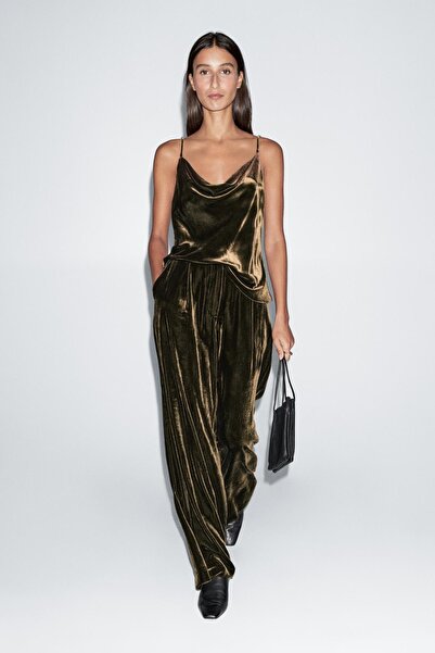 Massimo Dutti Elastik detaylı pilili geniş paça kadife pantolon