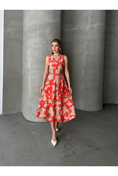 SEDA FİDAN BOUTIQUE Kuşaklı Desenli Kalın Askılı Elbise Bej