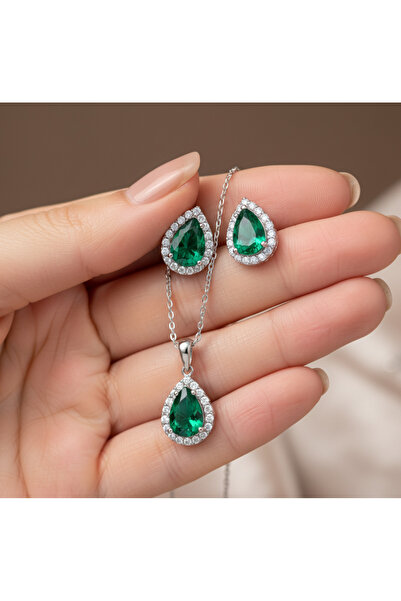 vüs jewel 925 Ayar Gümüş Damla Kesim Zümrüt (Yeşili) Taşlı Pırlanta Montür Ko...