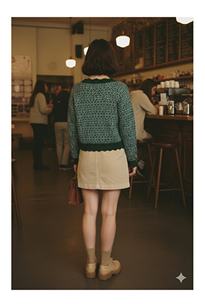 Namaste Vintage Dark Green Patterned V-Neck Stylish Buttoned Vintage Model Cardigan