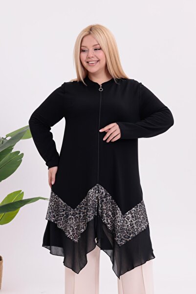 Siyezen Plus Size Asymmetry Cut Zippered Cardigan