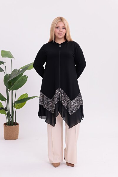 Siyezen Plus Size Asymmetry Cut Zippered Cardigan