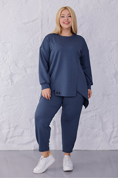 MAG FASHİON Αθλητικό κοστούμι μεγάλου μεγέθους Ανθρακί Ασύμμετρο Παντελόνι με Πλισέ Λεπτομέρεια στο Πόδι από Ύφασμα Oshho