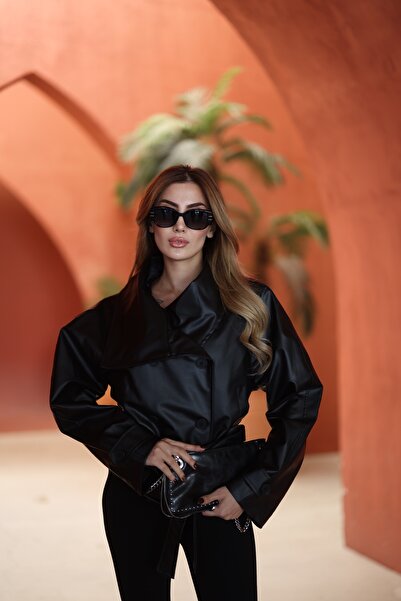 Butik İdl Fashion Siyah Kuşaklı Yaka Detaylı Deri Ceket – Şık Kadın Ceket
