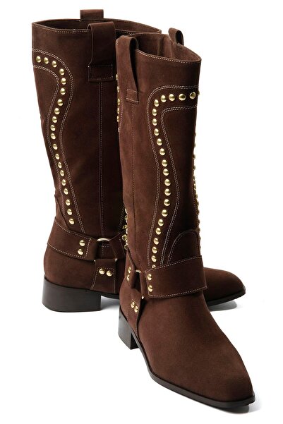 Mubiano Cizme de damă din piele intoarsa maro cu detaliu cu capse aurii Eldora