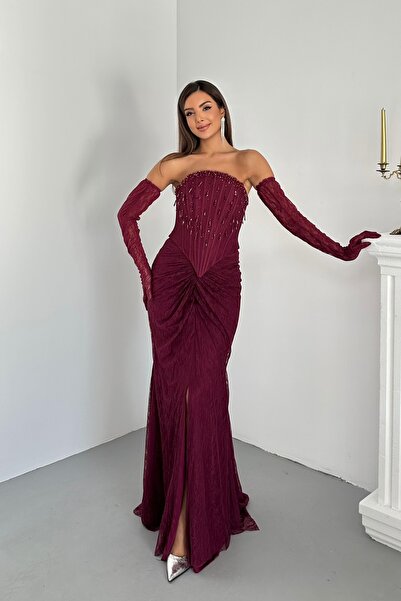 İyem Abiye Eldivenli Dantel Kumaşlı Ve Göğüs Taş Saçaklı Şık Tasarım Abiye El...