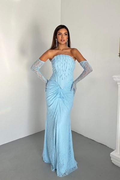 İyem Abiye Eldivenli Dantel Kumaşlı Ve Göğüs Taş Saçaklı Şık Tasarım Abiye El...