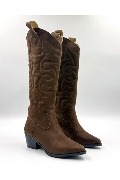 asya shoes ENNORA Kadın Kahve Süet Nakışlı Yeni Sezon Kovboy Çizme