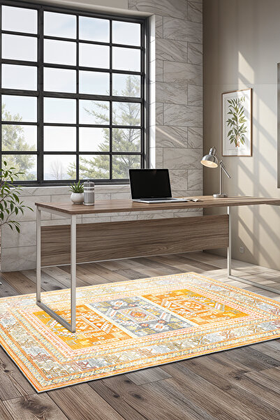 elturcohomecollection Turuncu Sarı Gri Etnik Desenli Siyah Tabanlı Dijital Ba...