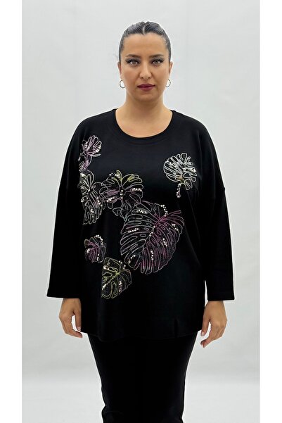 Elisa Fanti Plus Size Viscose Stone Pearl Detailed Long Sleeve O Oversized Wo...