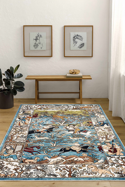 elturcohomecollection Minyatür Desenli Siyah Tabanlı Dijital Baskı Kaymaz Sal...