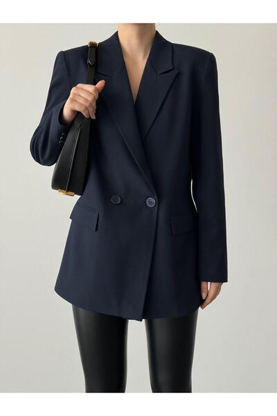 SEDA FİDAN BOUTIQUE Çift Düğme Polyviskon Oversize Ceket Lacivert