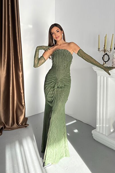 İyem Abiye Eldivenli Dantel Kumaşlı Ve Göğüs Taş Saçaklı Şık Tasarım Abiye Elbise Dar Kalıp