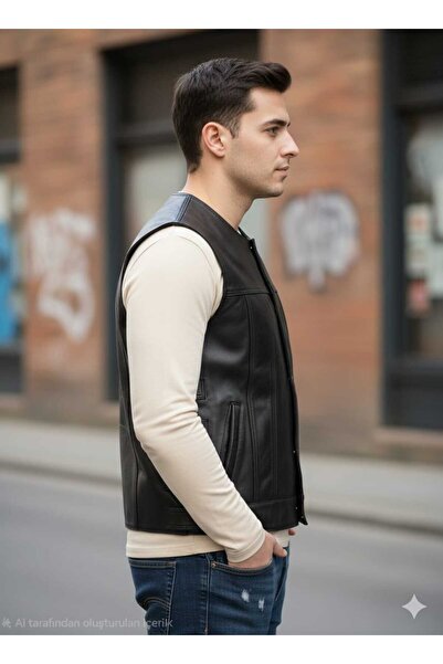 Savran Deri Round Collar Biker Vest with Genuine Leather Belt