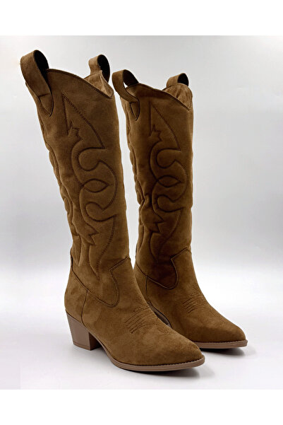 asya shoes ENNORA Kadın Kahve Süet Nakışlı Yeni Sezon Kovboy Çizme