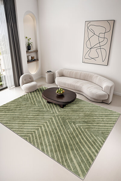 elturcohomecollection Yeşil Çizgili Modern Minimal Dijital Baskı Kaymaz Salon...
