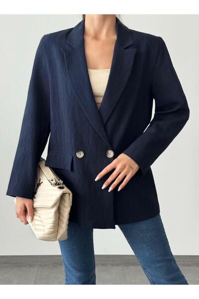 SEDA FİDAN BOUTIQUE Pliseli Çift Düğme Oversize Ceket Lacivert