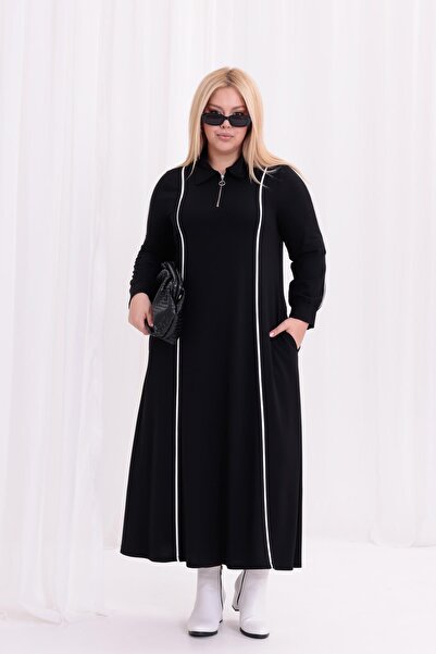 Siyezen Plus Size Striped Detail Polo Neck Dress