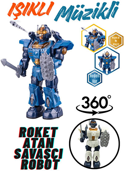 welcomein Oyuncak Işıklı ve Müzikli Roket Atan Pilli Savaşçı Robot Kılıç Kalk...