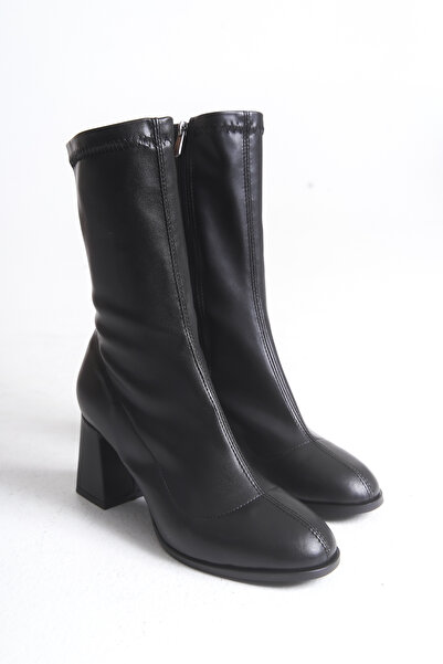 Ayakkabı Delisiyim Kadın Bot Streç Siyah Deri Kalın Topuklu İçten Fermuarlı Agnes