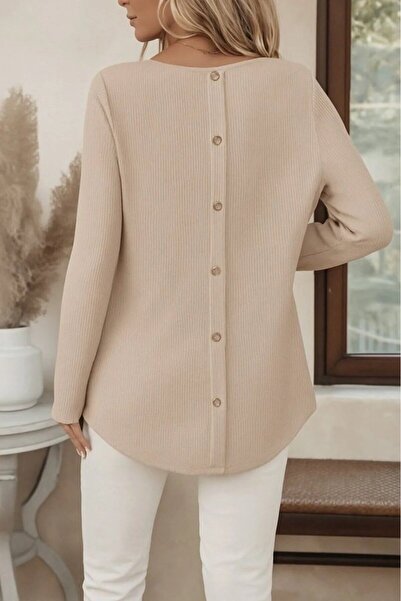 civetta Women's Long Sleeve Round Neck Back Button Waffle Blouse