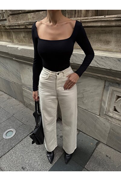 LB Laluna Butik Kadın Yüksek Bel Palazzo Pantolon Denim Kumaş