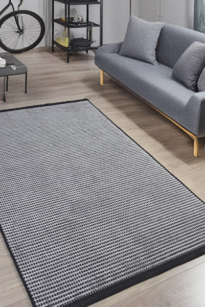 Santiva Home Gri Şönil Kilim Salon Oturma Çocuk Odası Hasır Yıkanabilir Yolluk Kaymaz Taban Halı Siyah