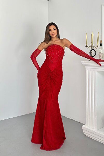 İyem Abiye Eldivenli Dantel Kumaşlı Ve Göğüs Taş Saçaklı Şık Tasarım Abiye El...