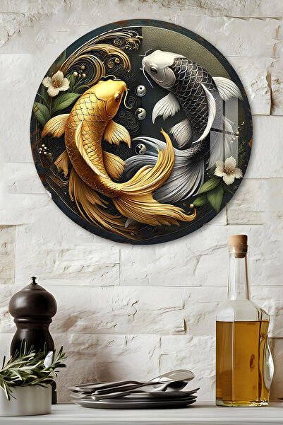 kutuTR 3D Görünümlü Temperli Cam Tablo – Altın ve Siyah Koi Balıkları Duvar S...