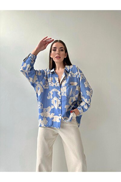 SEDA FİDAN BOUTIQUE Keten Tiril Angel Gömlek Mavi
