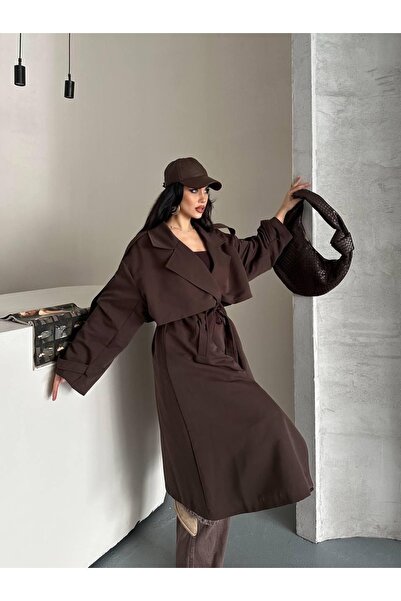 Ekim Store Uzun Dökümlü Kuşaklı Oversize Trençkot