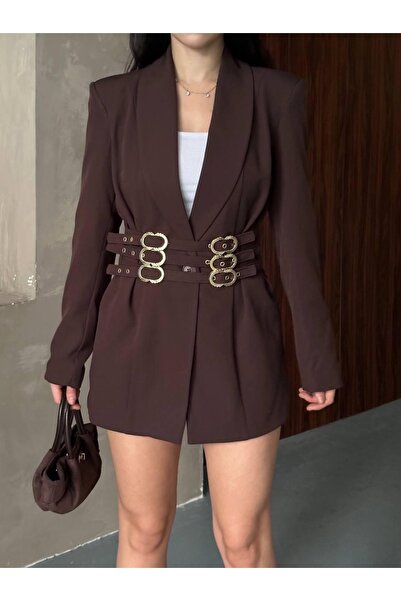 Ekim Store Jachetă blazer supradimensionat maro cu centură aurie