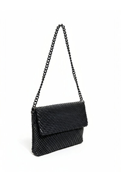 Crazy Black Knitted Patterned Imported Soft Leather Women's Hand and Shoulder Bag – Stylish Model with Crossbody Strap