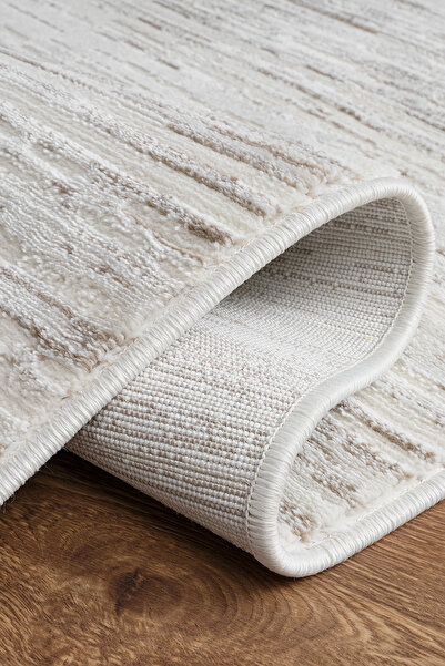 Santiva Home Bej Krem Çizgili Tozumaz Halı Modern Salon Oturma Odası Yolluk A...