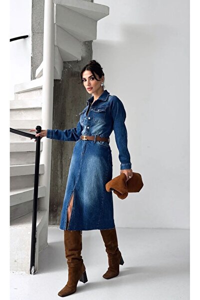 LUJJE Önden Yırtmaçlı Denim Elbise