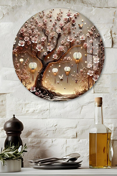 kutuTR 3D Görünümlü Temperli Cam Tablo – Fenerli Sakura Ağacı Temalı Duvar Sü...